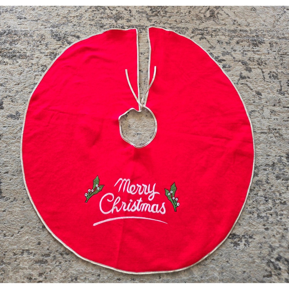 Red Merry Christmas Tree Skirt Embroidered Holly Silver Trim 37x42" Holiday